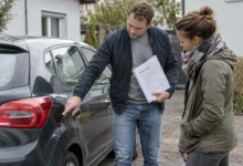 Besprechung von Fahrzeugunterlagen neben einem Gebrauchtwagen