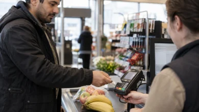 Person bezahlt Lebensmittel mit einer Karte an der Supermarktkasse
