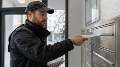 Zusteller wirft einen Brief in einen Briefkasten ein