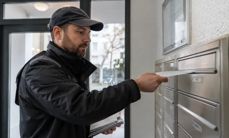 Zusteller wirft einen Brief in einen Briefkasten ein