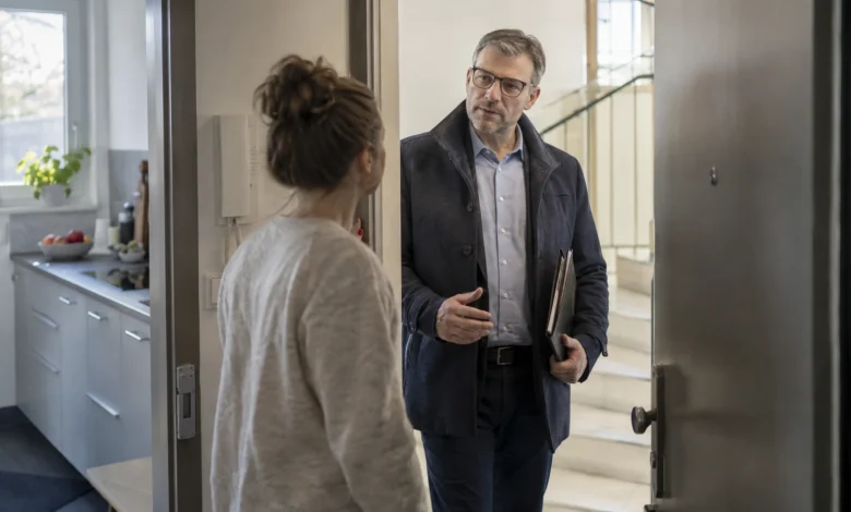 Gespräch an einer Wohnungstür mit einem Besucher und seiner Dokumentenmappe