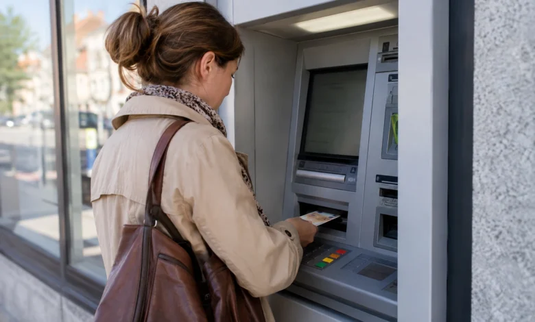 Person hebt Bargeld an einem Geldautomaten ab